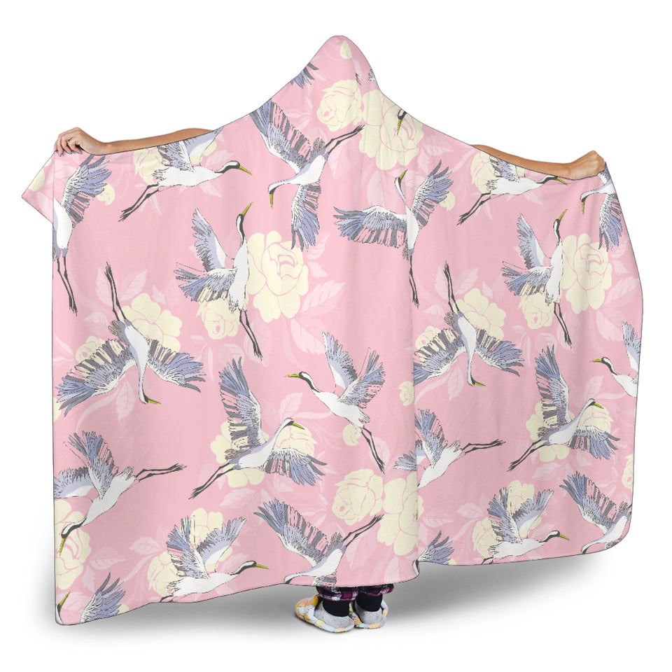 Japanese Crane Rose Pattern Hooded Blanket