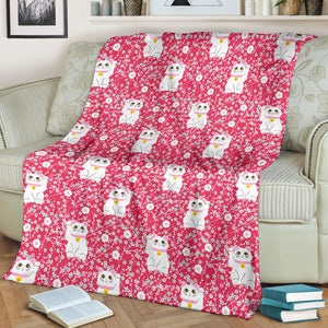Maneki Neko Lucky Cat Sakura Pink Background Premium Blanket