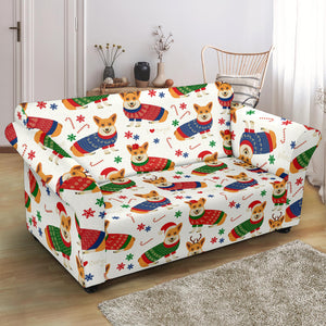 Corgi Christmas Pattern Loveseat Couch Slipcover