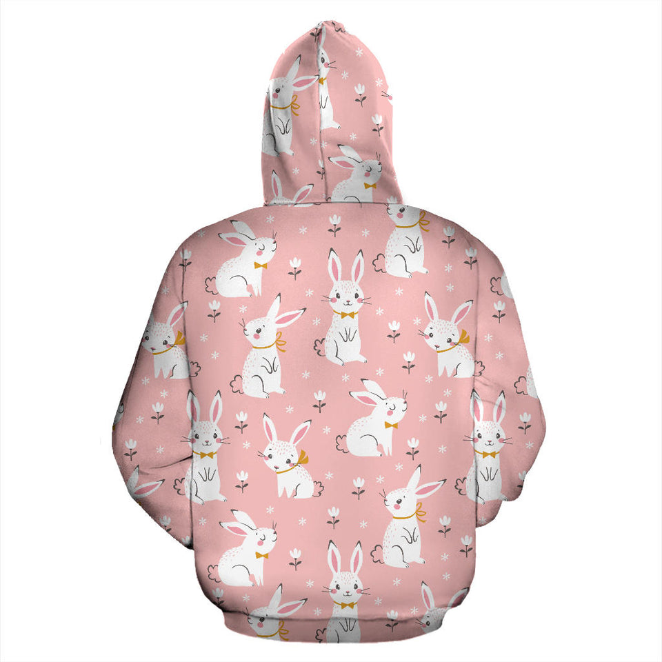 Cute White Rabbit Flower Pink Background Men Women Pullover Hoodie