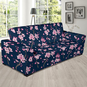 Pink Sakura Cherry Blossom Blue Background Sofa Slipcover