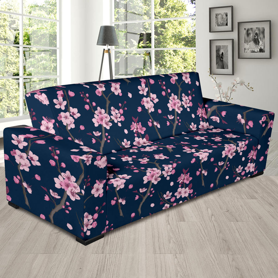 Pink Sakura Cherry Blossom Blue Background Sofa Slipcover