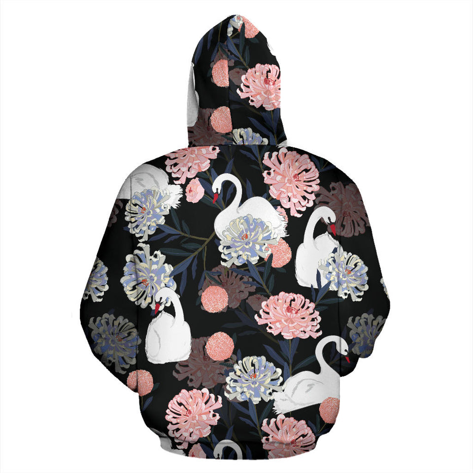 White Swan Blooming Flower Pattern Men Women Pullover Hoodie