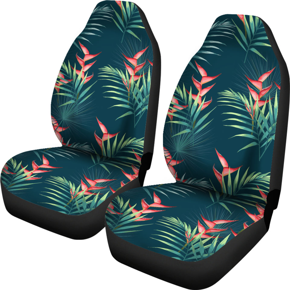 Heliconia Flowers, Palm And Monstera Leaves On Black Background Pattern Universal Fit Car Seat Covers