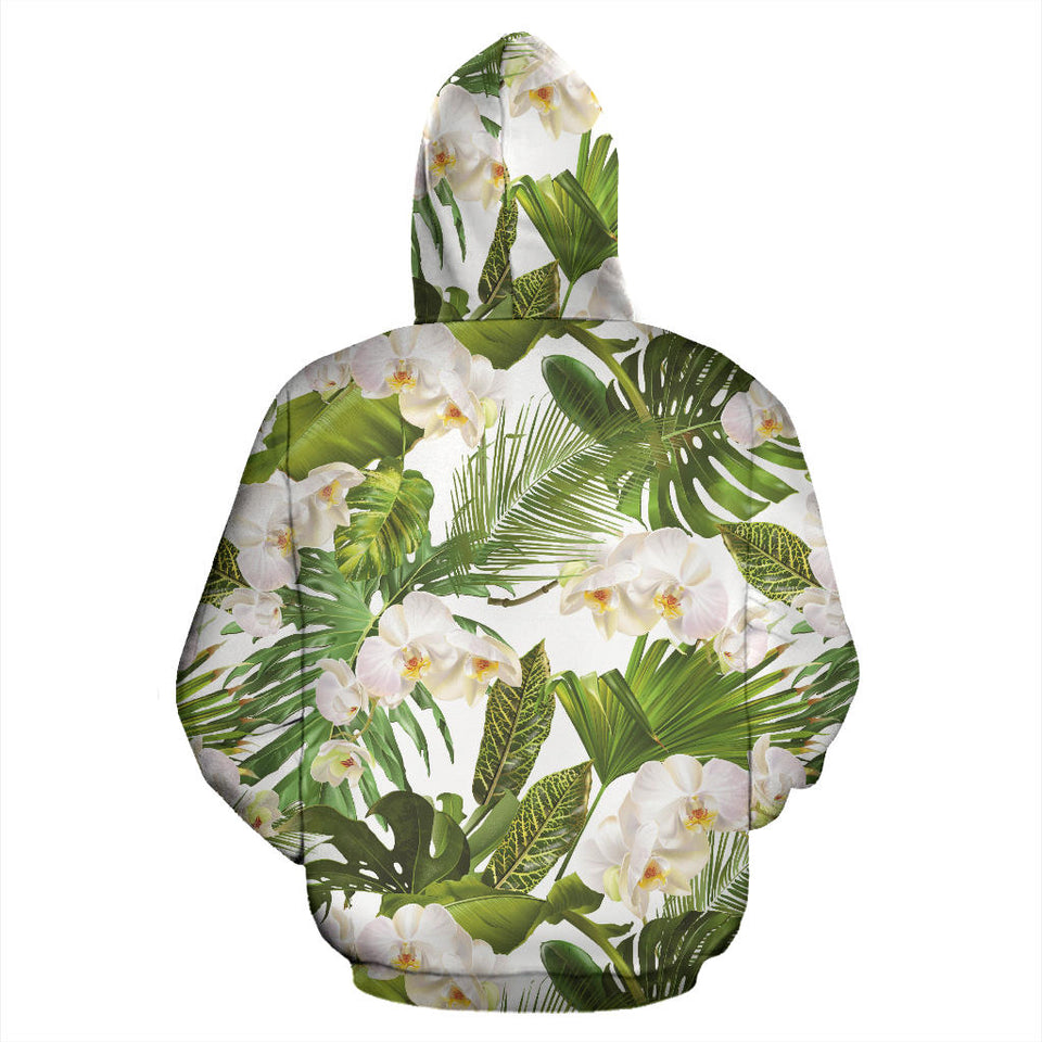 White Orchid Flower Tropical Leaves Pattern Men Women Pullover Hoodie