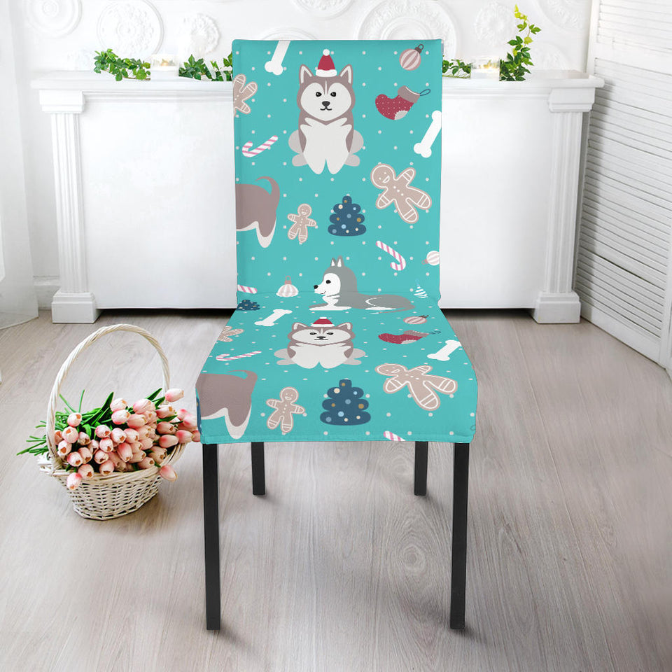 Christmas Cute Siberian Husky Puppie Pattern Dining Chair Slipcover
