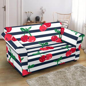 Hand Drawn Cherry Pattern Striped Background Loveseat Couch Slipcover