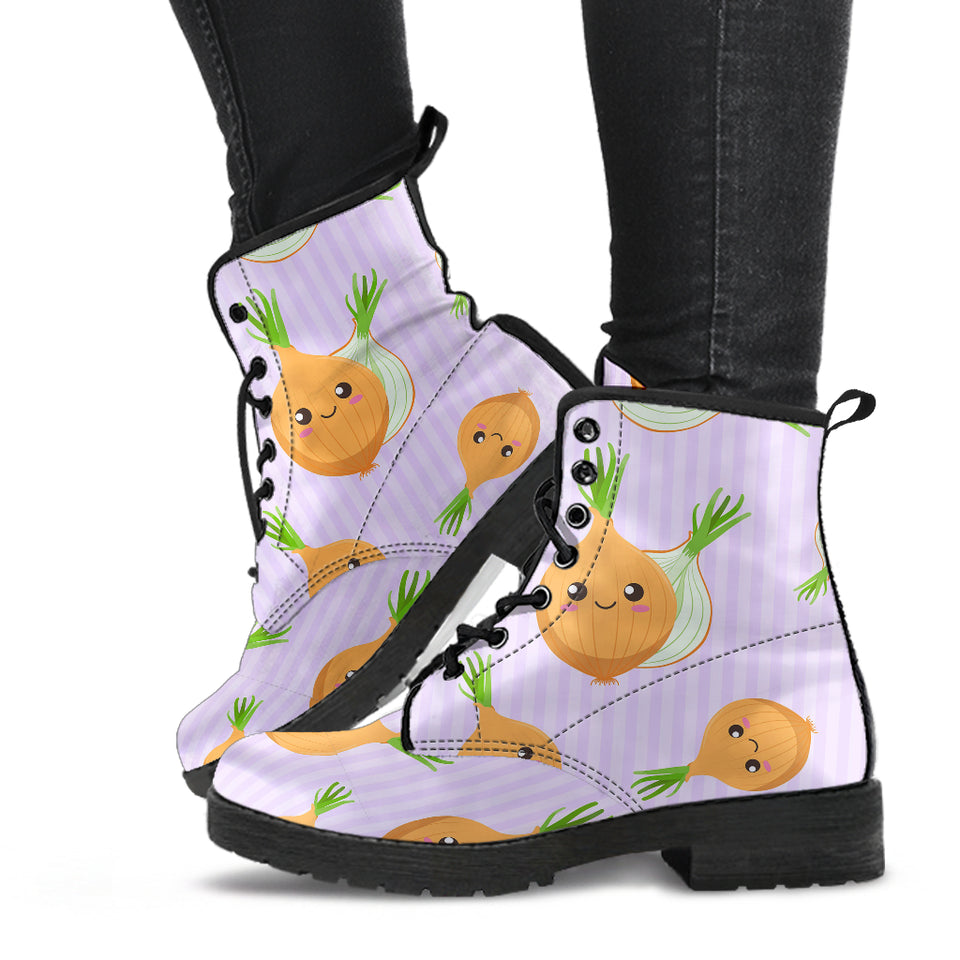Cute Onions Smiling Faces Purple Background Leather Boots