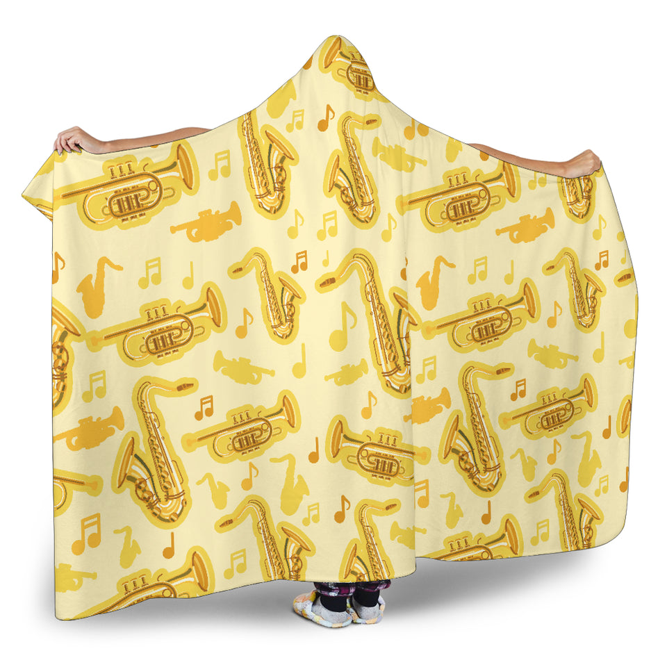 Saxophone Cornet Pattern Yellow Background Hooded Blanket