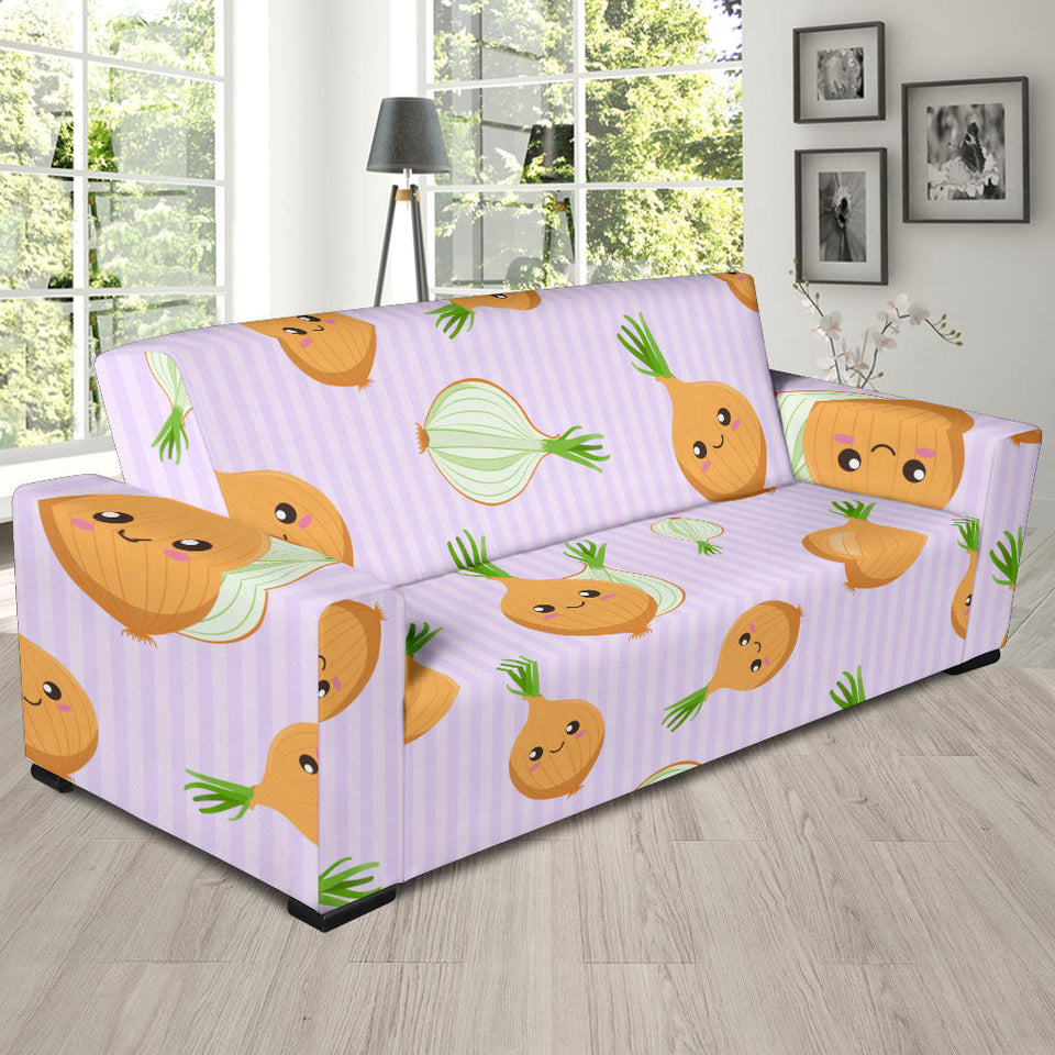 Cute Onions Smiling Faces Purple Background Sofa Slipcover