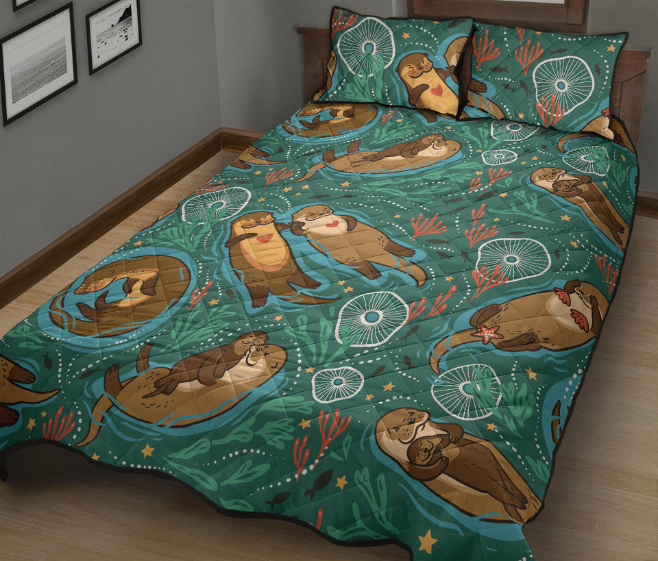 cute brown sea otters ornamental seaweed corals green water Quilt Bed Set