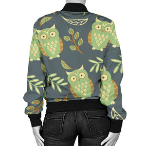Cute Owls Leaves Pattern Women'S Bomber Jacket