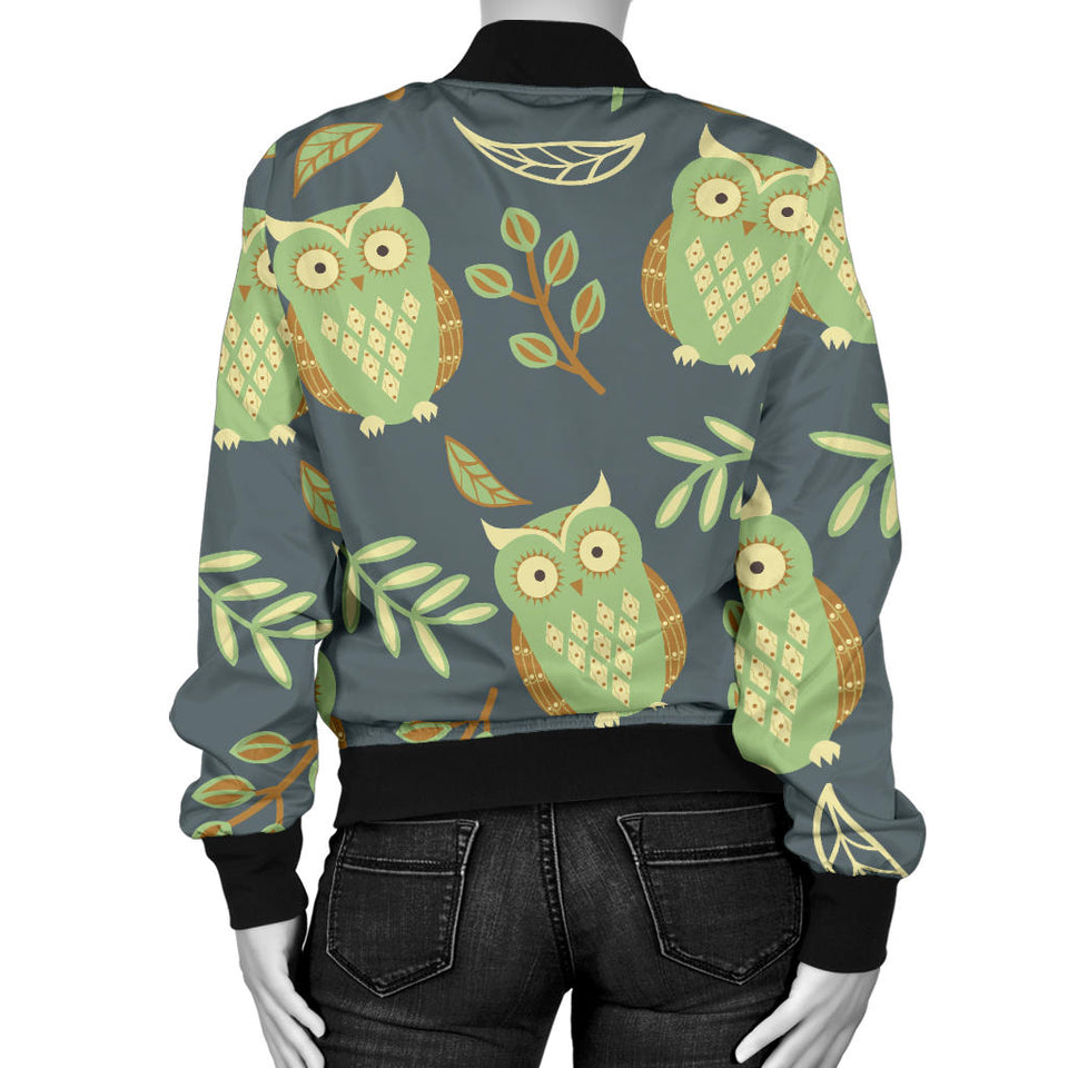 Cute Owls Leaves Pattern Women'S Bomber Jacket