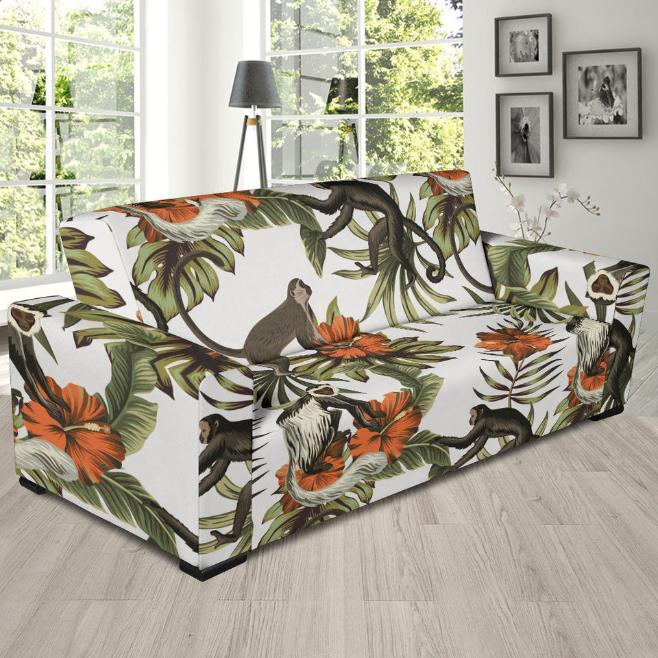 Monkey Red Hibiscus Flower Palm Leaves Floral Pattern Sofa Slipcover