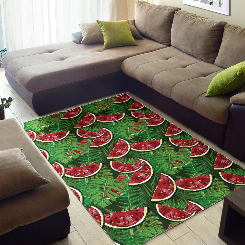 Watermelons Tropical Palm Leaves Pattern Background Area Rug