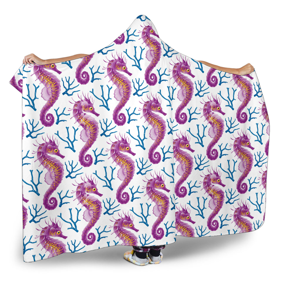 Purple Seahorse Blue Coral Pattern Hooded Blanket