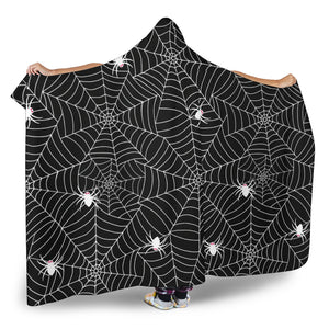 Spider Web Design Pattern Black Background White Cobweb Hooded Blanket