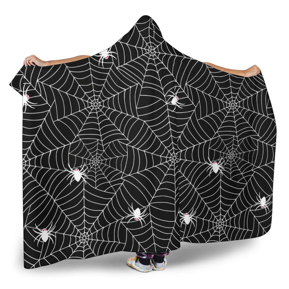 Spider Web Design Pattern Black Background White Cobweb Hooded Blanket