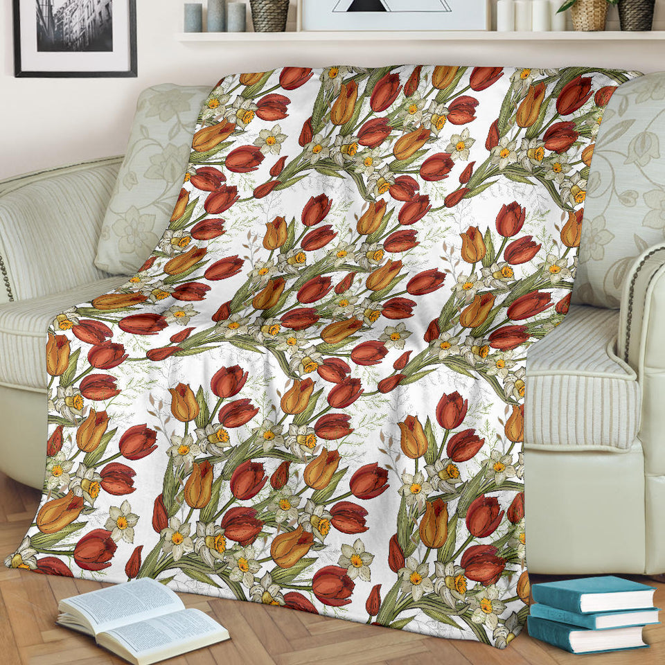Red Tulips And Daffodils Pattern Premium Blanket