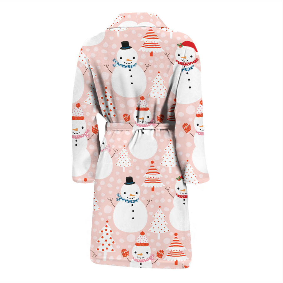 Cute Snowman Christmas Tree Snowpink Background Men'S Bathrobe