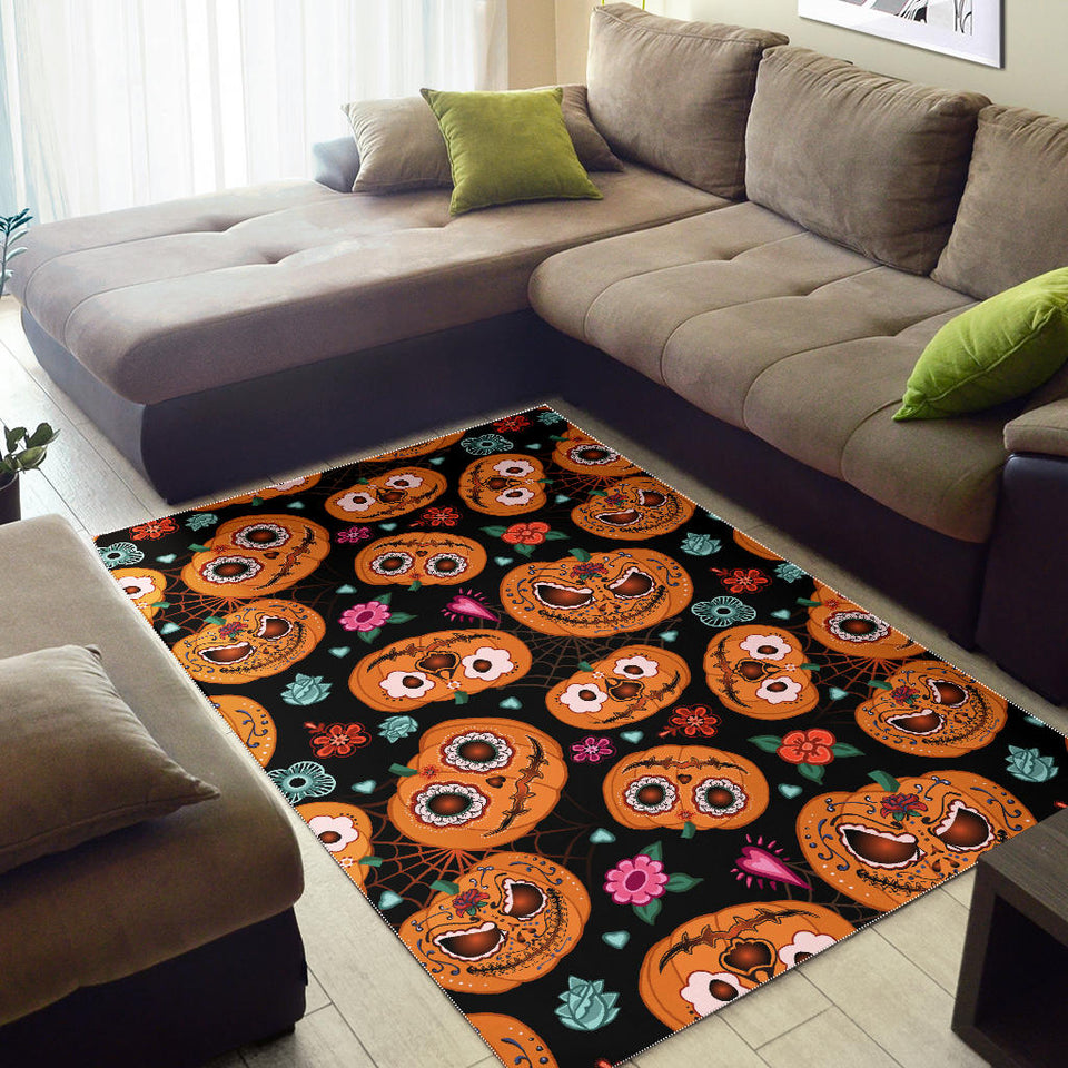 Pumpkin Flowers Spiderweb Halloween Theme Area Rug