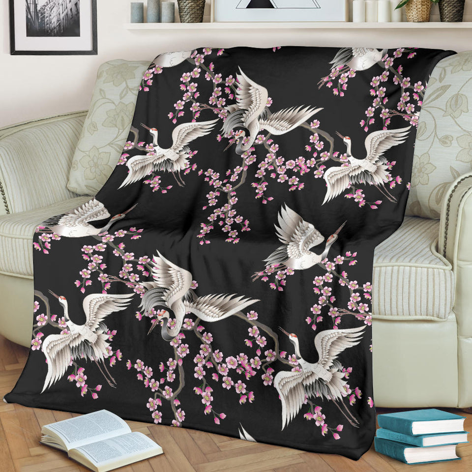 Japanese Crane Pink Sakura Pattern Premium Blanket