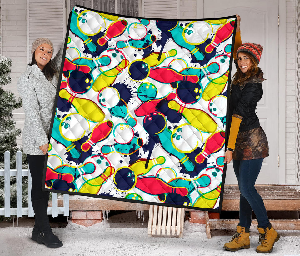 Watercolor Bowling Ball Pins Premium Quilt