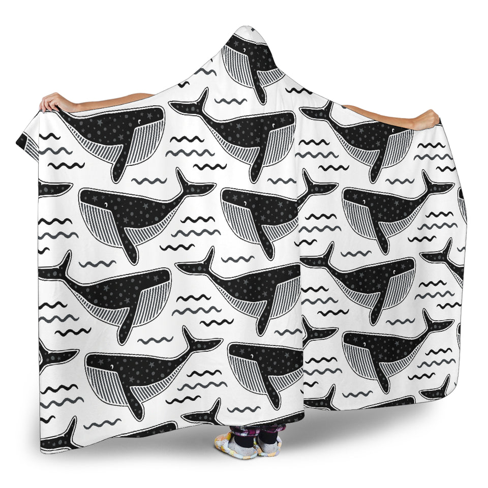 Black Whale Pattern Hooded Blanket