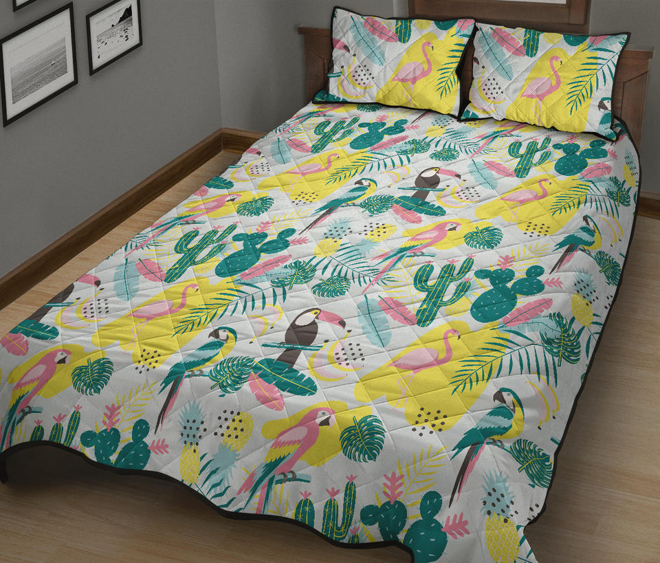 Cute parrot toucan flamingo cactus exotic leaves pattern Quilt Bed Set