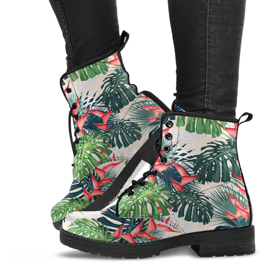 Heliconia Flowers, Palm And Monstera Leaves Leather Boots