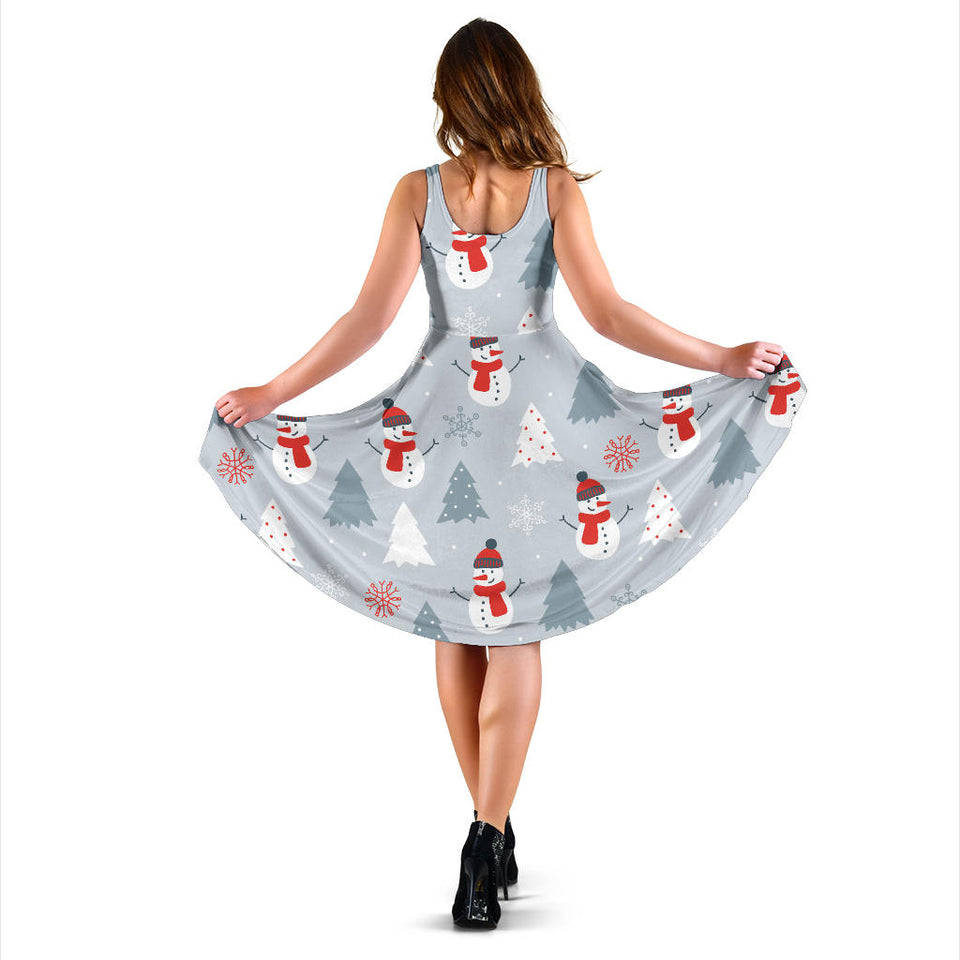 Snowman Christmas  Tree Snow Gray Background Sleeveless Midi Dress