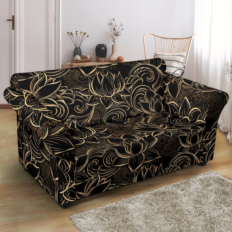 Luxurious Gold Lotus Waterlily Black Background Loveseat Couch Slipcover