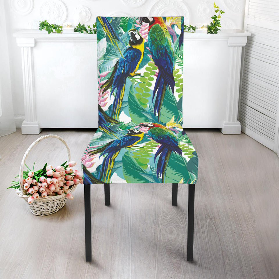Colorful Parrot Exotic Flower Leaves Dining Chair Slipcover