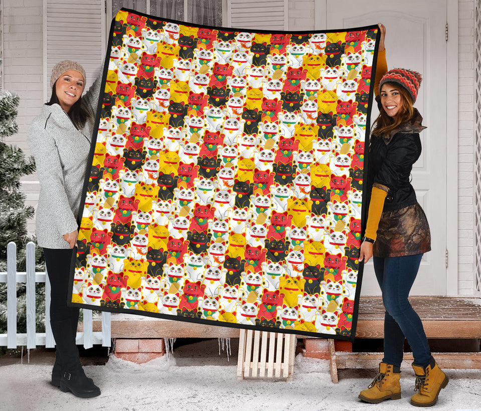 Colorful Maneki Neko Lucky Cat Pattern Premium Quilt