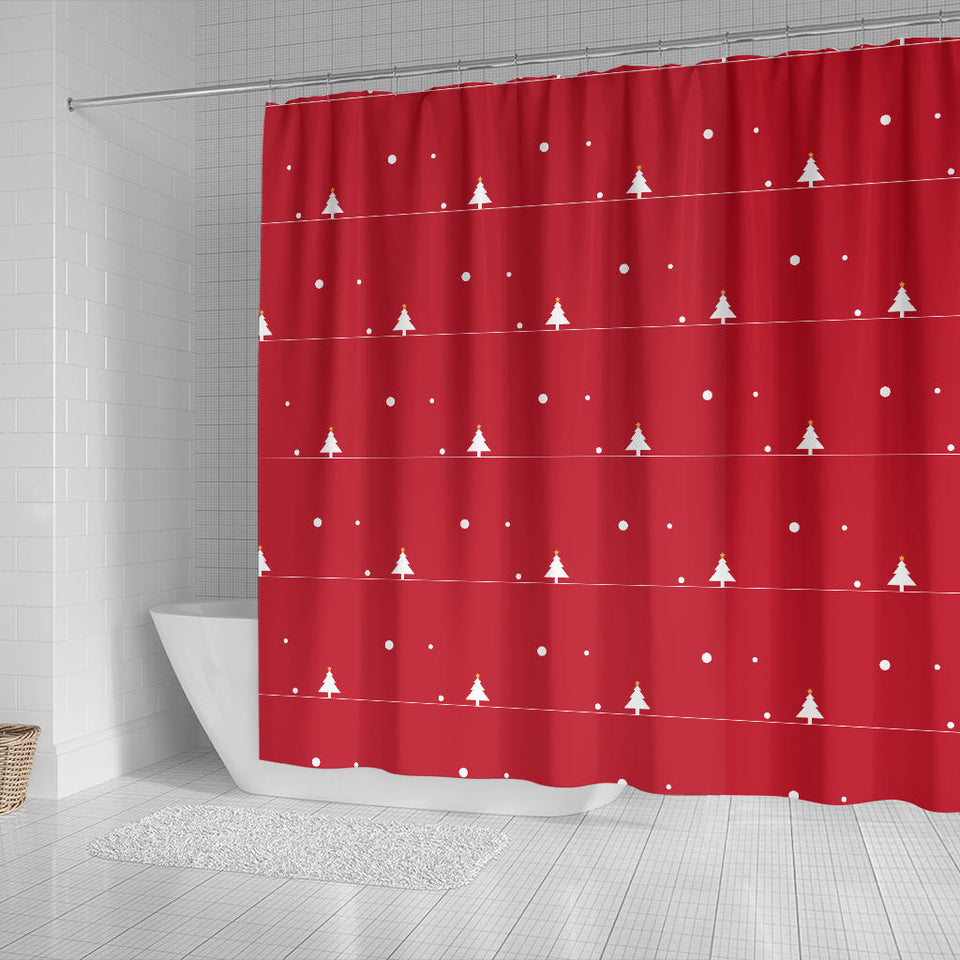 Christmas Tree Star Snow Red Background Shower Curtain Fulfilled In US