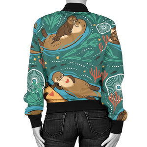 Cute Brown Sea Otters Ornawomen'Stal Seaweed Corals Green Water Women'S Bomber Jacket