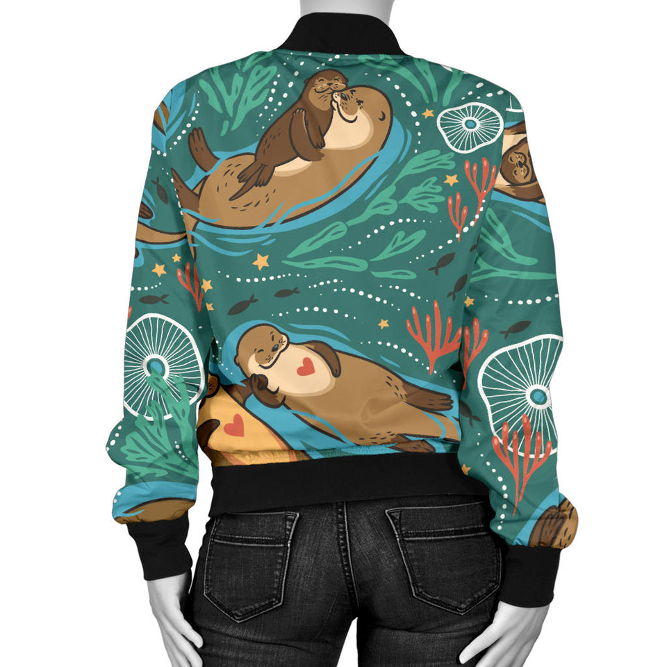 Cute Brown Sea Otters Ornawomen'Stal Seaweed Corals Green Water Women'S Bomber Jacket