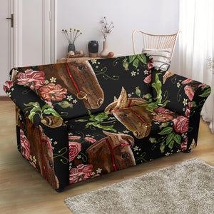 Horse Head Wild Roses Pattern Loveseat Couch Slipcover