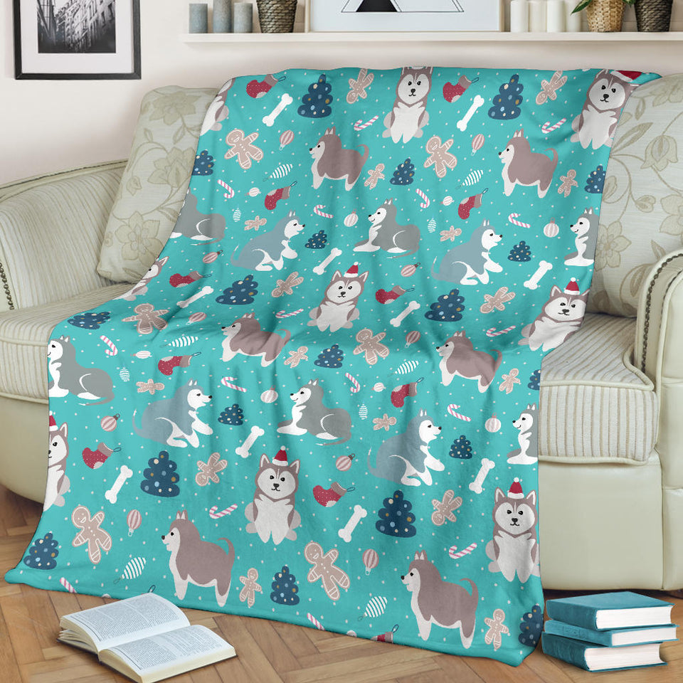 Christmas Cute Siberian Husky Puppie Pattern Premium Blanket