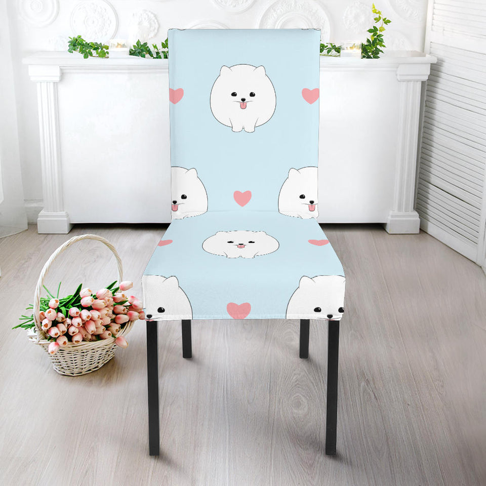 White Cute Pomeranian Pattern Dining Chair Slipcover