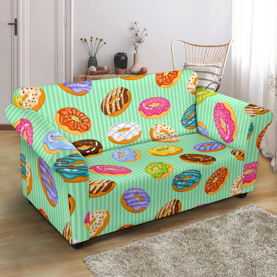 Colorful Donut Pattern Green Background Loveseat Couch Slipcover
