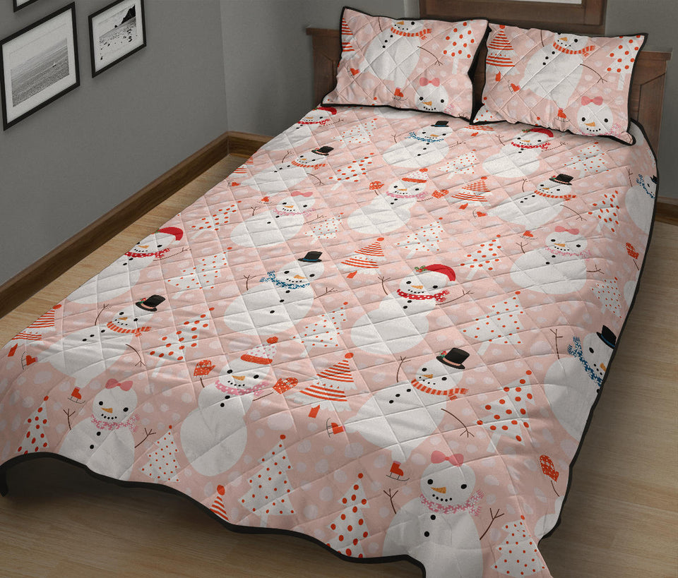 Cute snowman christmas tree snowpink background Quilt Bed Set
