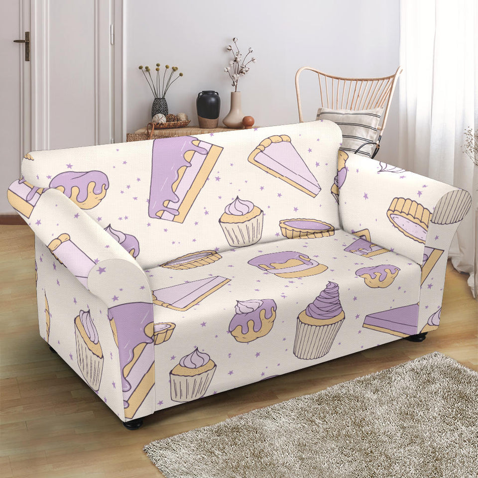 Cakes Pies Tarts Muffins And Eclairs Purple Blueberry Topping Pattern Loveseat Couch Slipcover