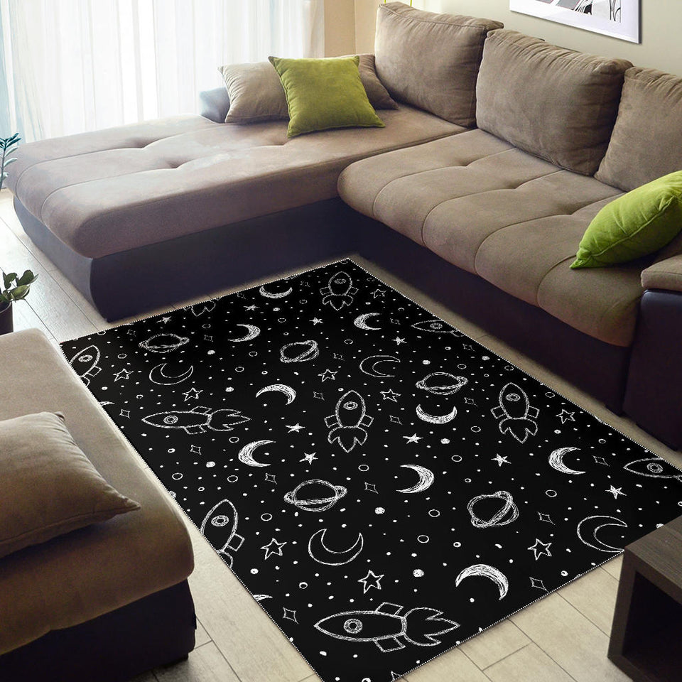 Hand Drawn Space Rocket Star Planet Area Rug