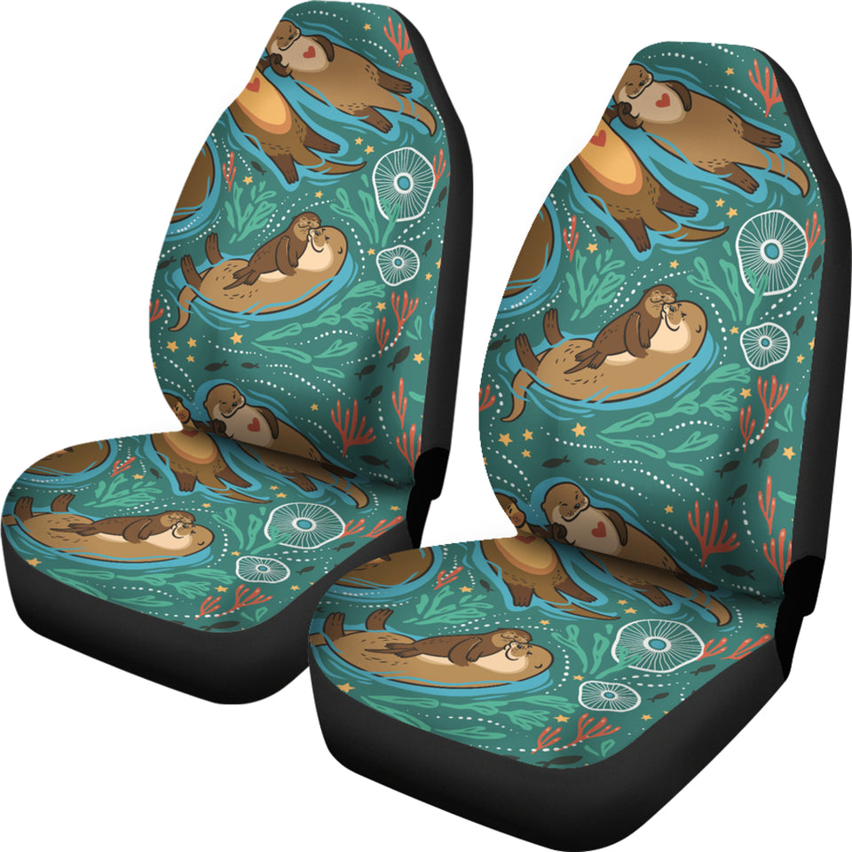 Cute Brown Sea Otters Ornamental Seaweed Corals Green Water Universal Fit Car Seat Covers