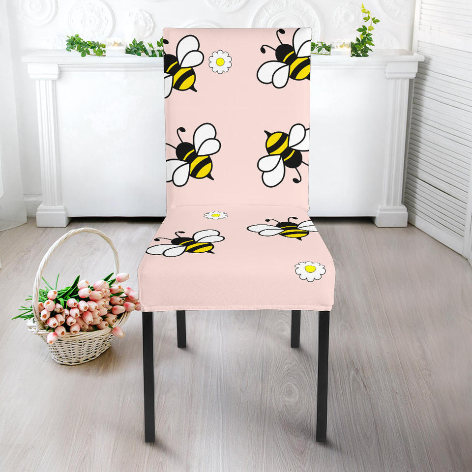 Cute Bee Flower Pattern Pink Background Dining Chair Slipcover
