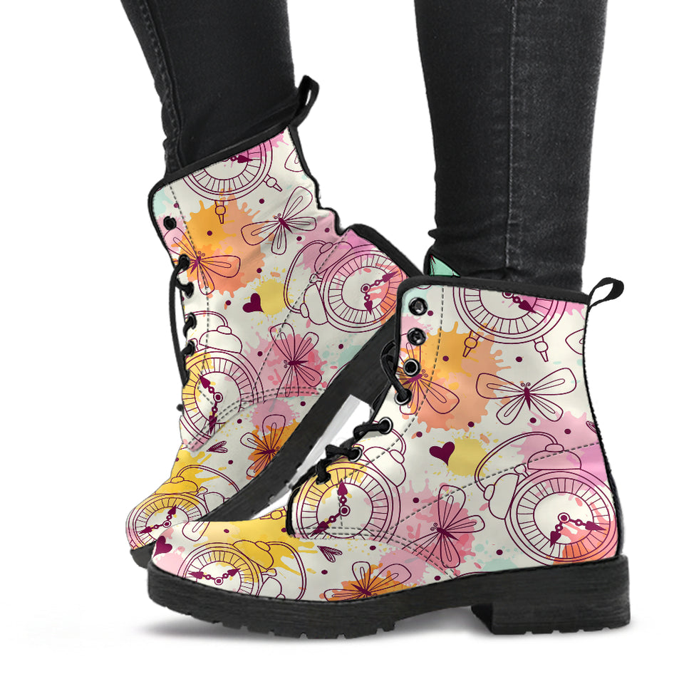 Clock Butterfly Pattern Leather Boots