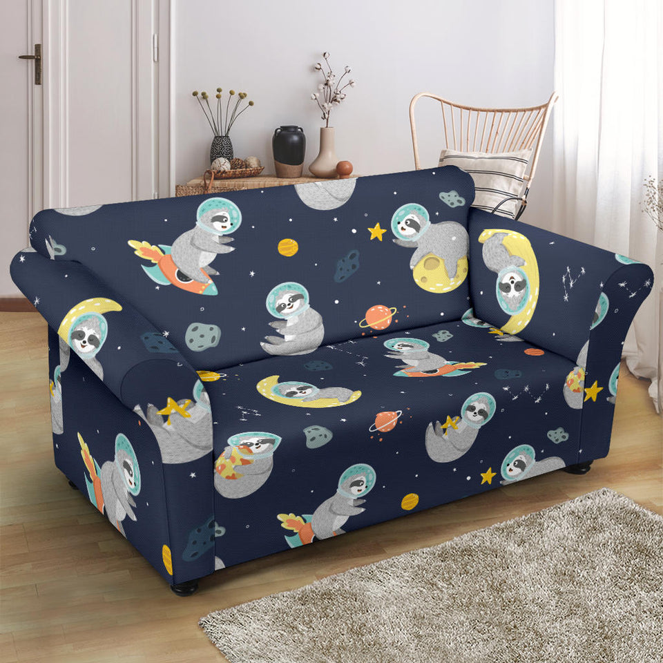 Cute Sloth Astronaut Star Planet Rocket Pattern Loveseat Couch Slipcover