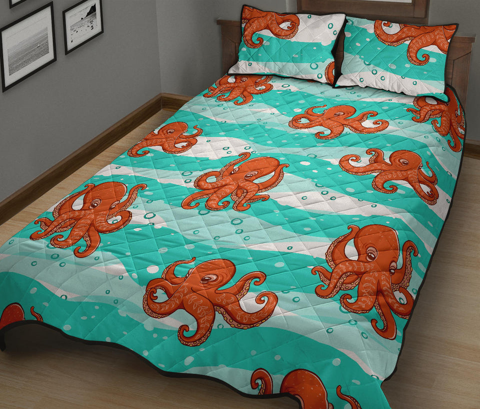 Octopuses sea wave background Quilt Bed Set