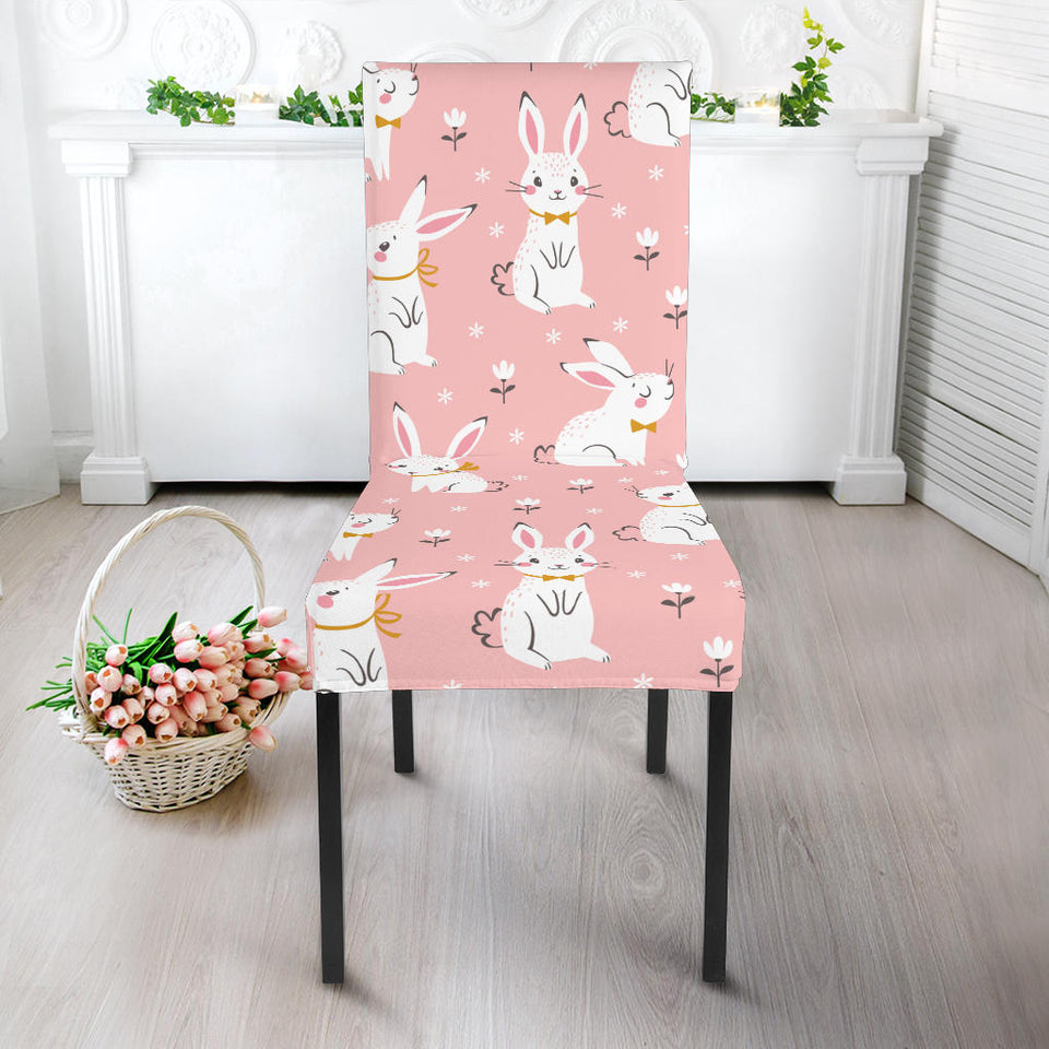 Cute White Rabbit Flower Pink Background Dining Chair Slipcover